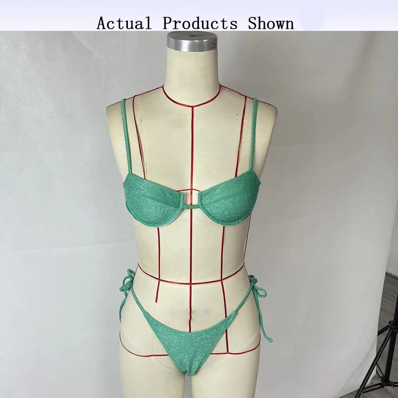 BEACHCICI Women's Bikini Two Piece Fashion Sexy Solid Glossy Lace Up