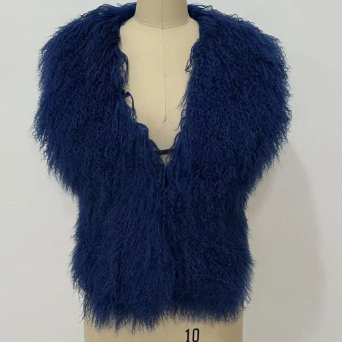 Fluffy Luxury  Real Mongolian Fur Halter Vests Women Solid Deep V-Neck