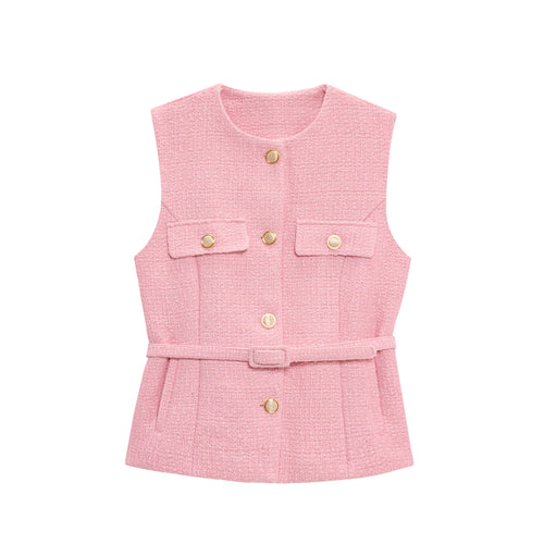 TRAFZA Women Fashion Tweed Belt Waistcoat O Neck Single Breasted