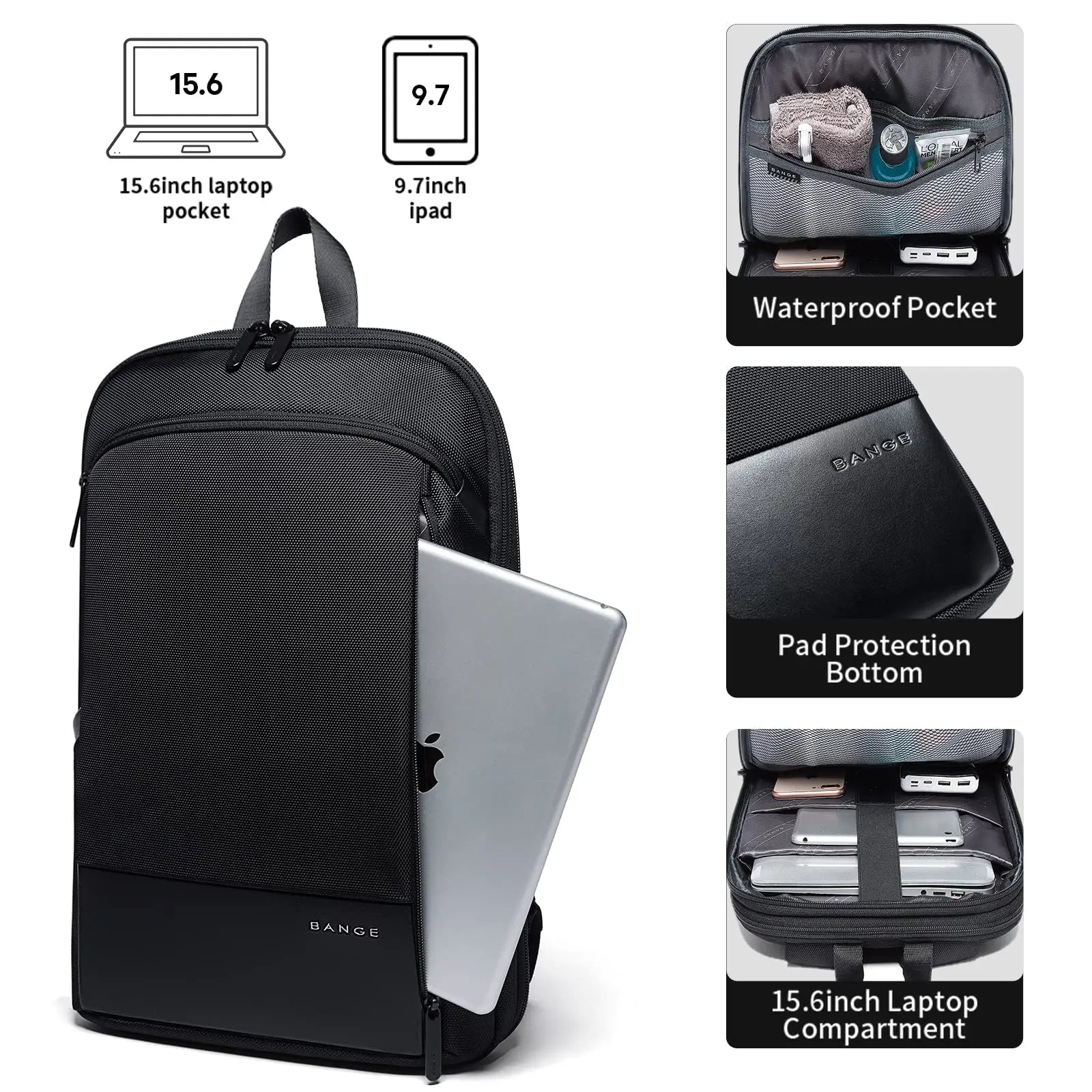BANGE Slim Laptop Backpacks 15.6 Inch, Lightweight Portable Expandable