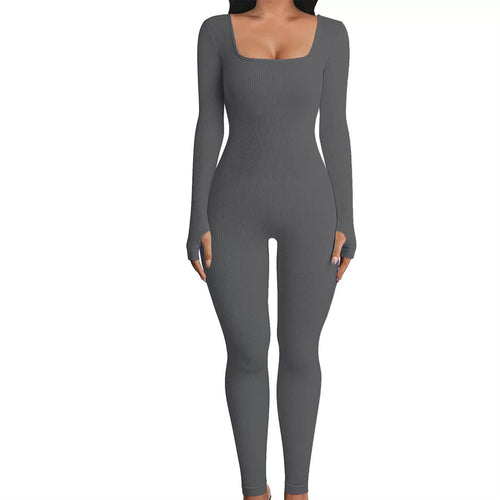 Solid Color Ribbed Yoga Jumpsuit, Seamless Slim Fit Long Sleeve Sports