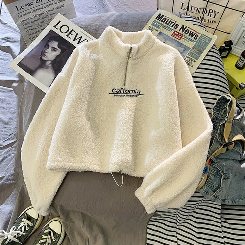 Women Stand Neck Fleece Cropped Hoodies Autumn Letter Embroidery Long