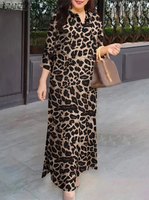 ZANZEA Women Leopard Print Shirt Dress Casual 3/4 Sleeve Lapel