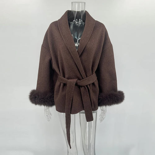 TARUXY Fox Fur Woolen Coats Women's Short Coat Office Lady Removable