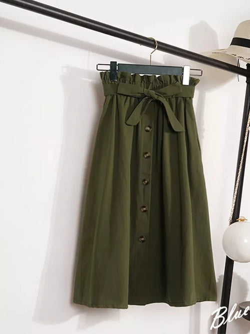 Summer Autumn Skirts Womens Midi Knee Length Korean Elegant Button
