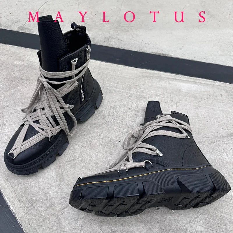 Cross Strap High-Top Boots for Men Side Zippers Outdoor Booties Male