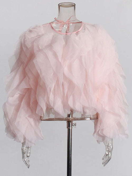 TWOTWINSTYLE Elegant Patchwork Ruffles Chiffon Blouses Women O Neck