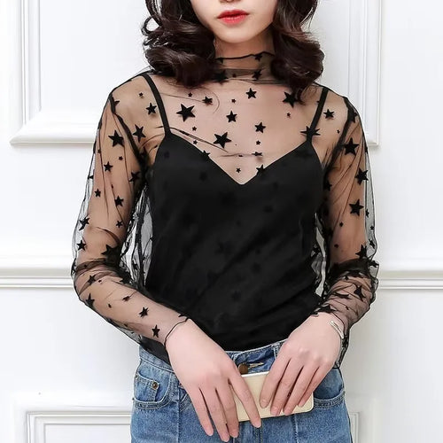 Spring Summer Women Sexy Black Mesh Tops Bottoming T Shirts