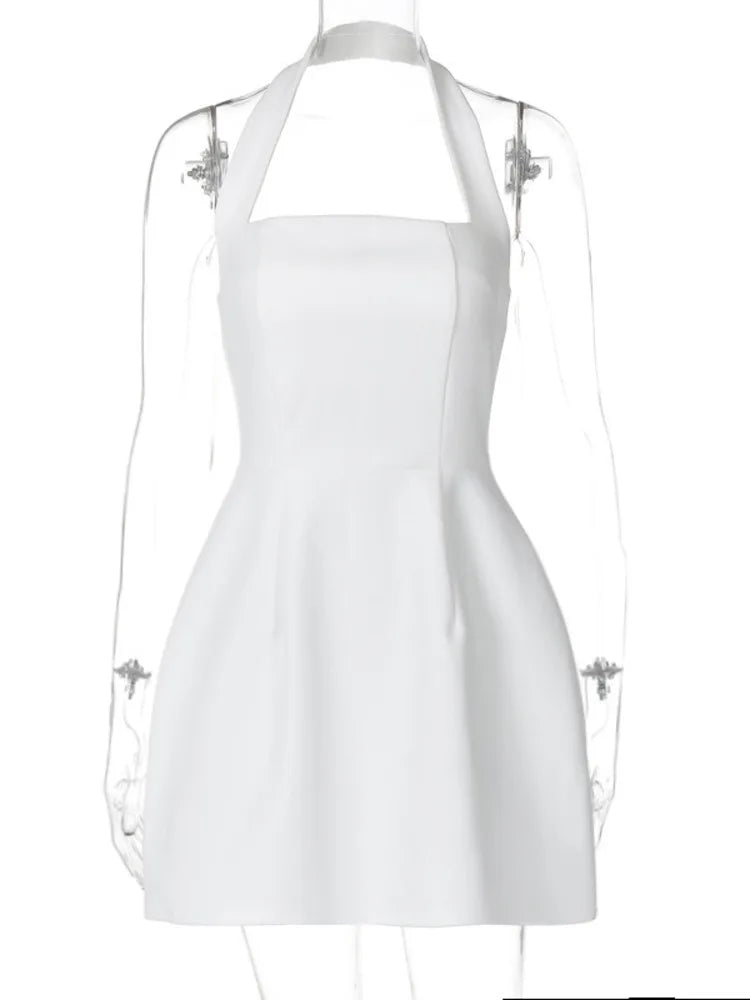 Mozision Halter Square Collar Backless Mini Dress For Women Fashion