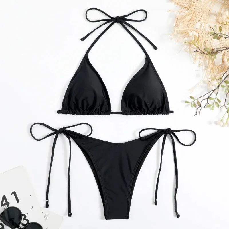 Sexy Women Thong Solid Color Bikini Set Side Halter Tie Swimsuit