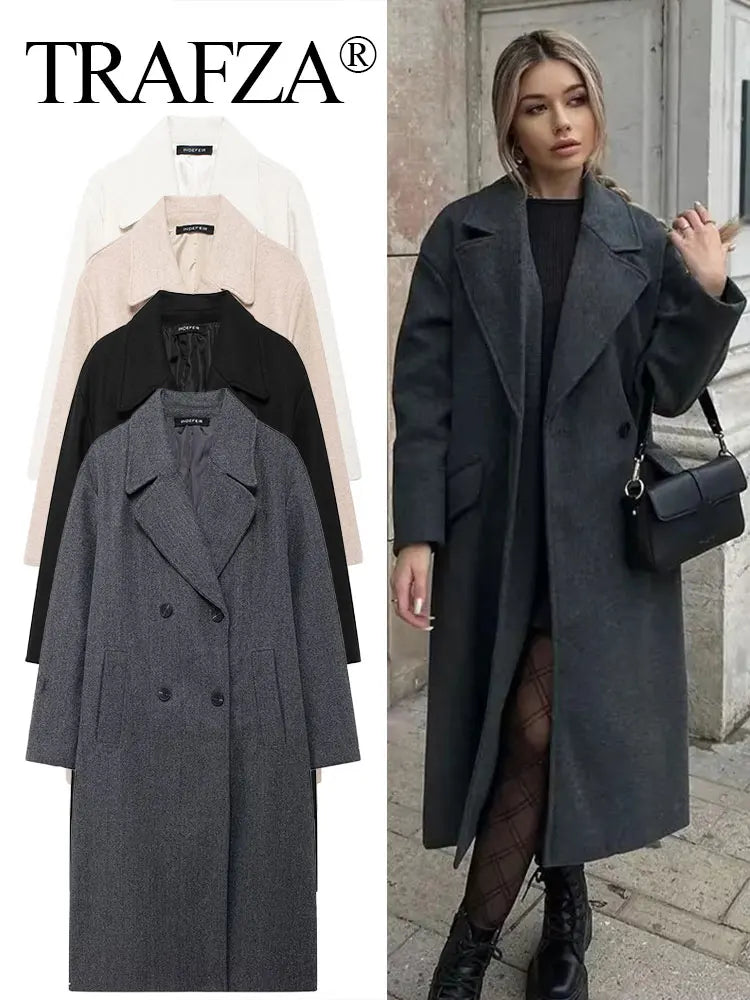 TRAFZA Winter Coat For Women 2024 Solid Lapel Double Breasted Long