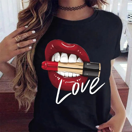 Women Tops O-neck Sexy Black Tees Kiss Lip Funny Summer Female Soft T