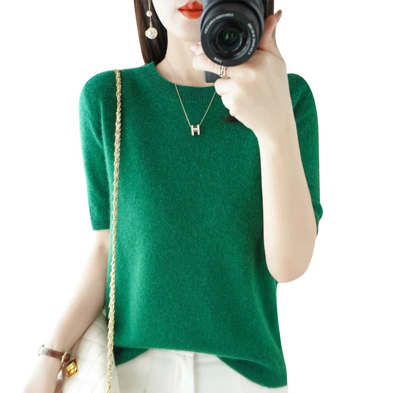New Short-sleeved Knitwear Women O-neck T-shirt Wool Cotton Blend