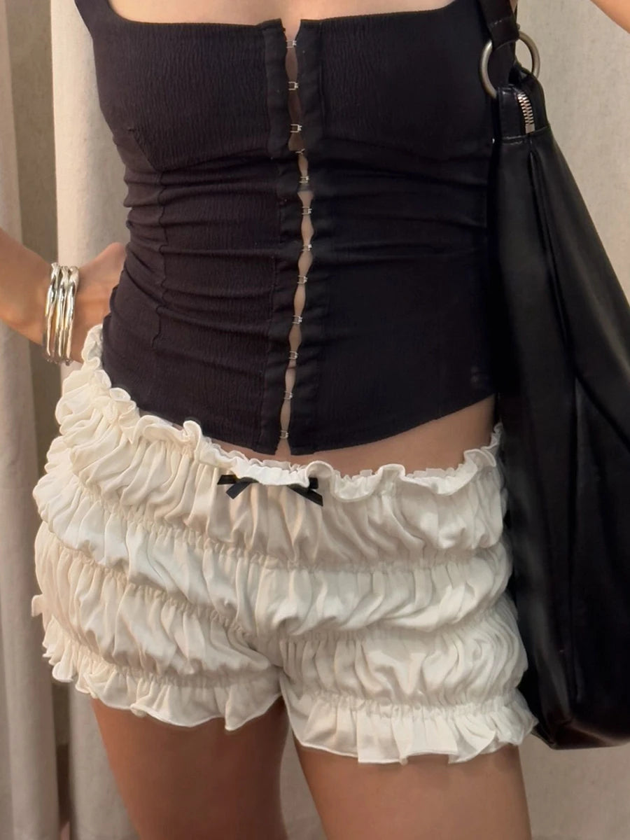 Women Ruffle Shorts Y2K Cute Bow Low Rise Micro Shorts Sexy Frilly