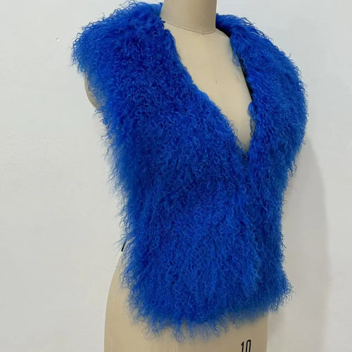 Fluffy Luxury  Real Mongolian Fur Halter Vests Women Solid Deep V-Neck