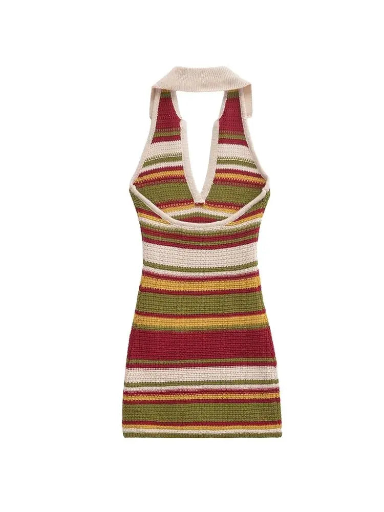 TRZA-Women's Striped Crochet Knit Mini Dress, Backless, Halter Neck,