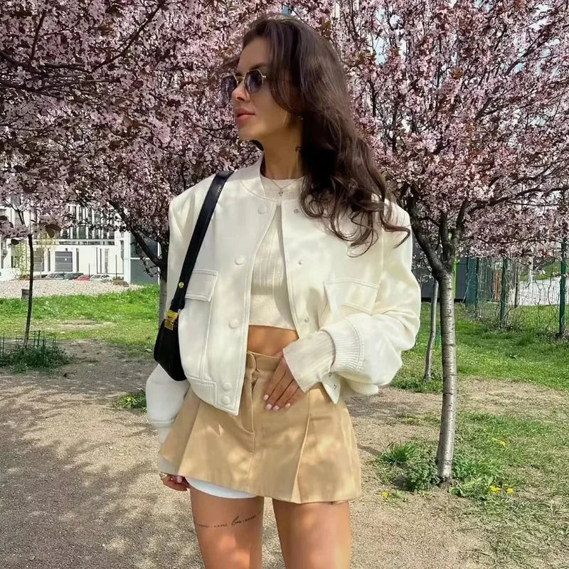 1PCS Woman Bomber Jacket Coat White Autumn Winter Button Baseball