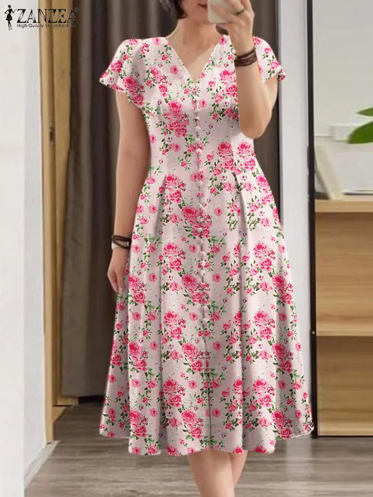 Elegant Floral Dress ZANZEA Women Summer Short Sleeve Party Sundress