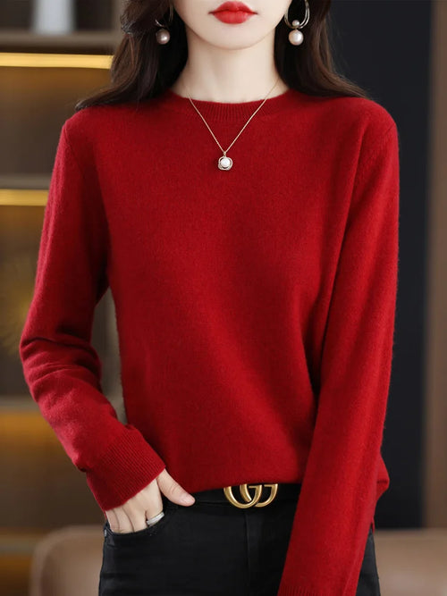 Fashion 100% Merino Wool Women's Sweater O-Neck Long Sleeve Pullover