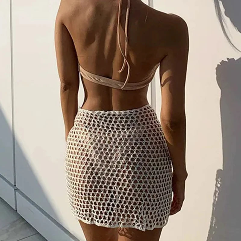 2024 Trend Women Knitted Hollow Out Solid Color Skirt Sexy Beach