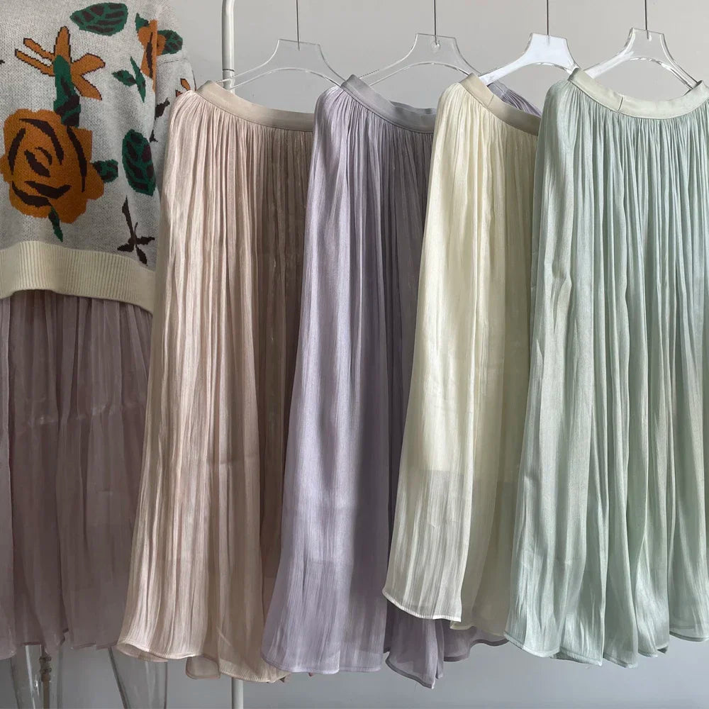 Hirsionsan Satin High Waist Skirts Women 2024 New Soft Smooth Silk