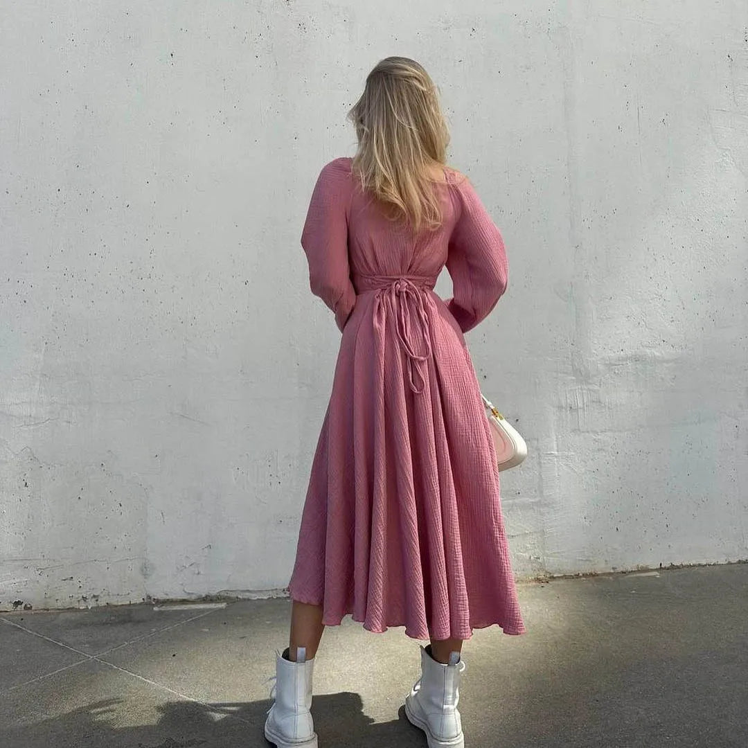 Lace-up Square Collar Sexy Dress Women Autumn Lantern Sleeve Solid
