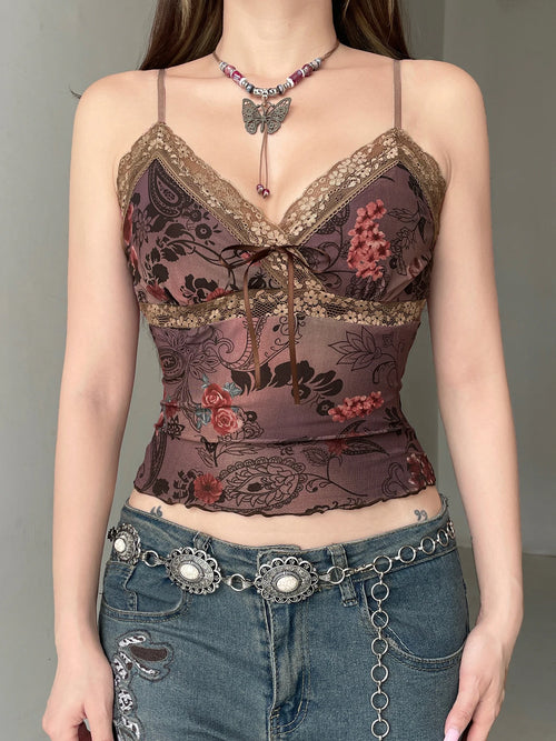 Rockmore Vintage Tulle Patchwork Floral Print Camis Women Mesh Lace