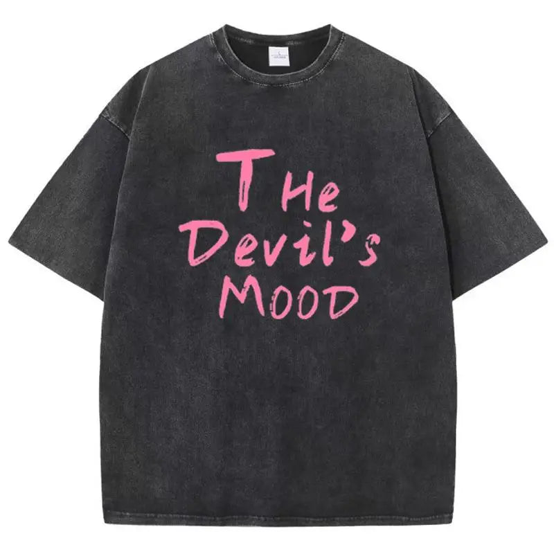 Fashion Womans Cotton Washed T-shirts The Devil's Moon Letter Prints
