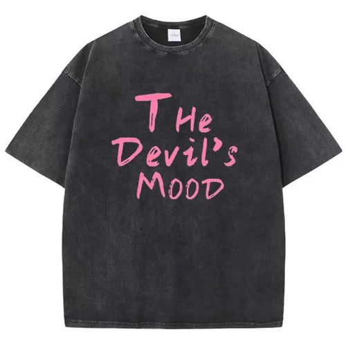 Fashion Womans Cotton Washed T-shirts The Devil's Moon Letter Prints
