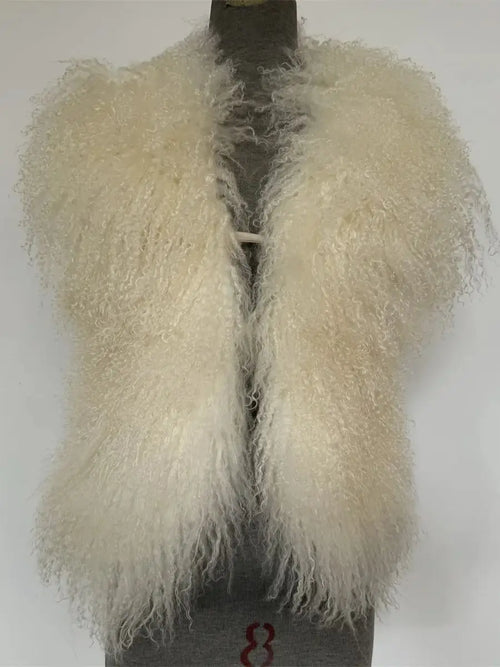 Fluffy Luxury  Real Mongolian Fur Halter Vests Women Solid Deep V-Neck