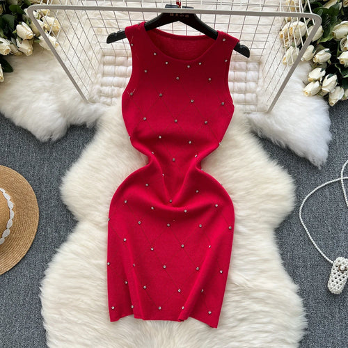 Beading  Summer Women's Knitting Sheath Tank Dress Female Bodycon