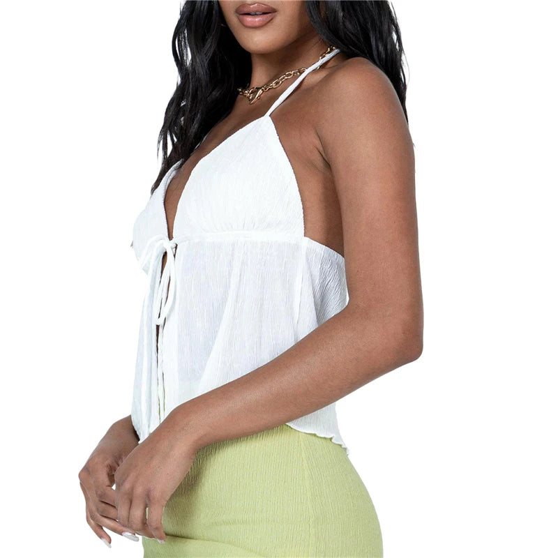 Sexy Summer Cami Top Bowknot Lace-Up Sleeveless Cropped Vest Elegant