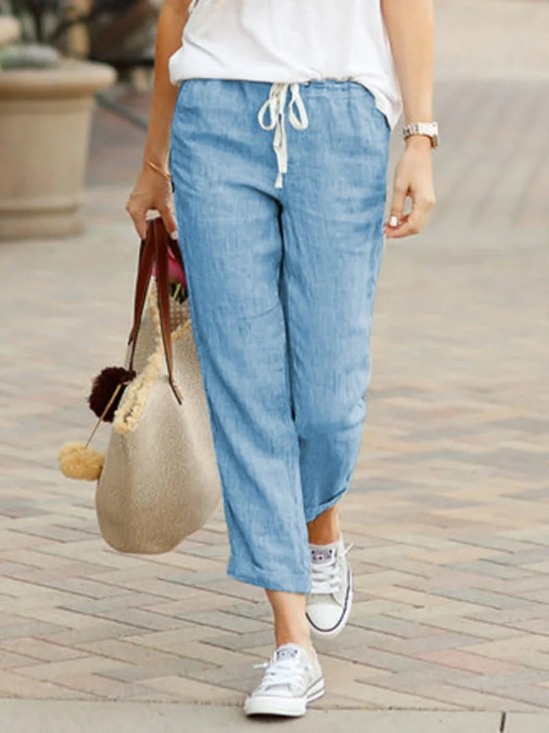 Elegant Solid Slimple Pant Fashion Women Drawstring Cropped Elastic