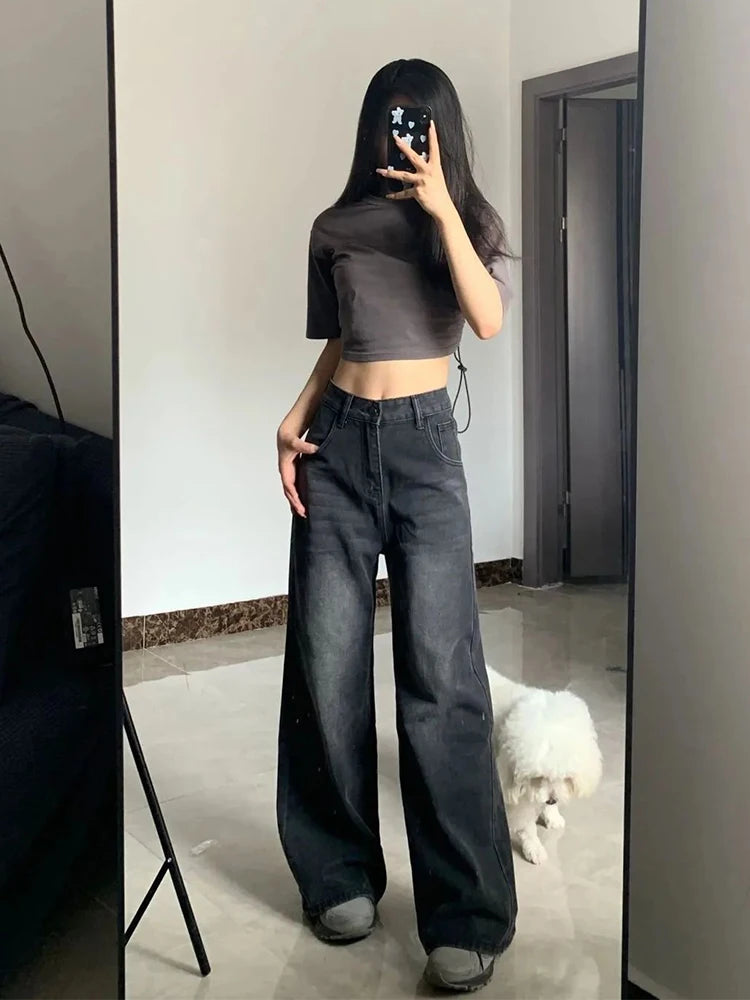 Korean Vintage High Waist Women's Jeans Y2K Slimming Pear-Shaped Loose