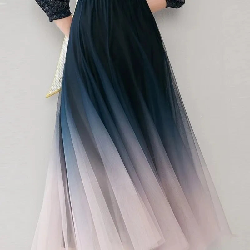 MEXZT Elegant Tulle Skirts Women High Waist Gradient Mesh Pleated Midi