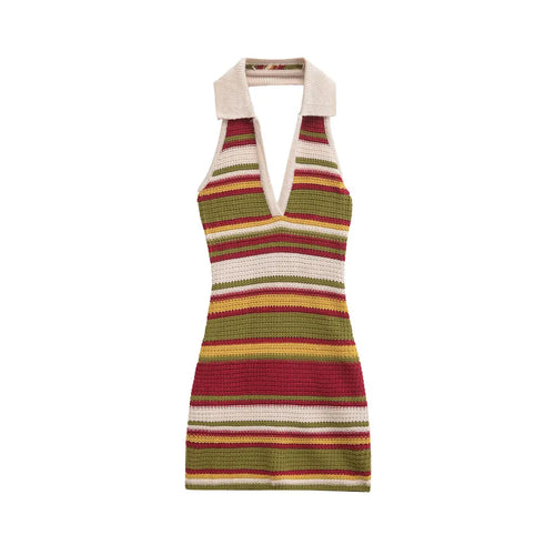 TRZA-Women's Striped Crochet Knit Mini Dress, Backless, Halter Neck,