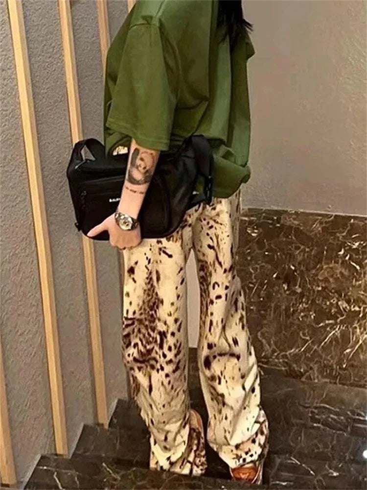 Leopard Print Straight Wide Leg Jeans Women High Waisted Retro Jeans