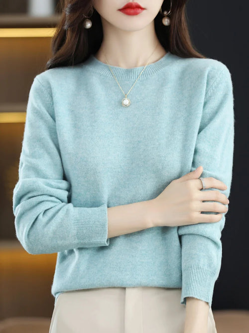 Fashion 100% Merino Wool Women's Sweater O-Neck Long Sleeve Pullover
