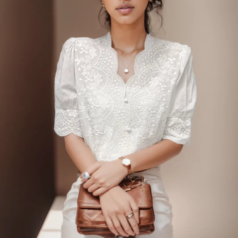 Summer Embroidery Puff Sleeve Linen Cotton Women Blouse Spring Casual