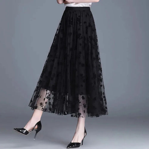 GIDYQ Korean Women Mesh Skirt Fashion Hook Flower Loose Midi Skirt