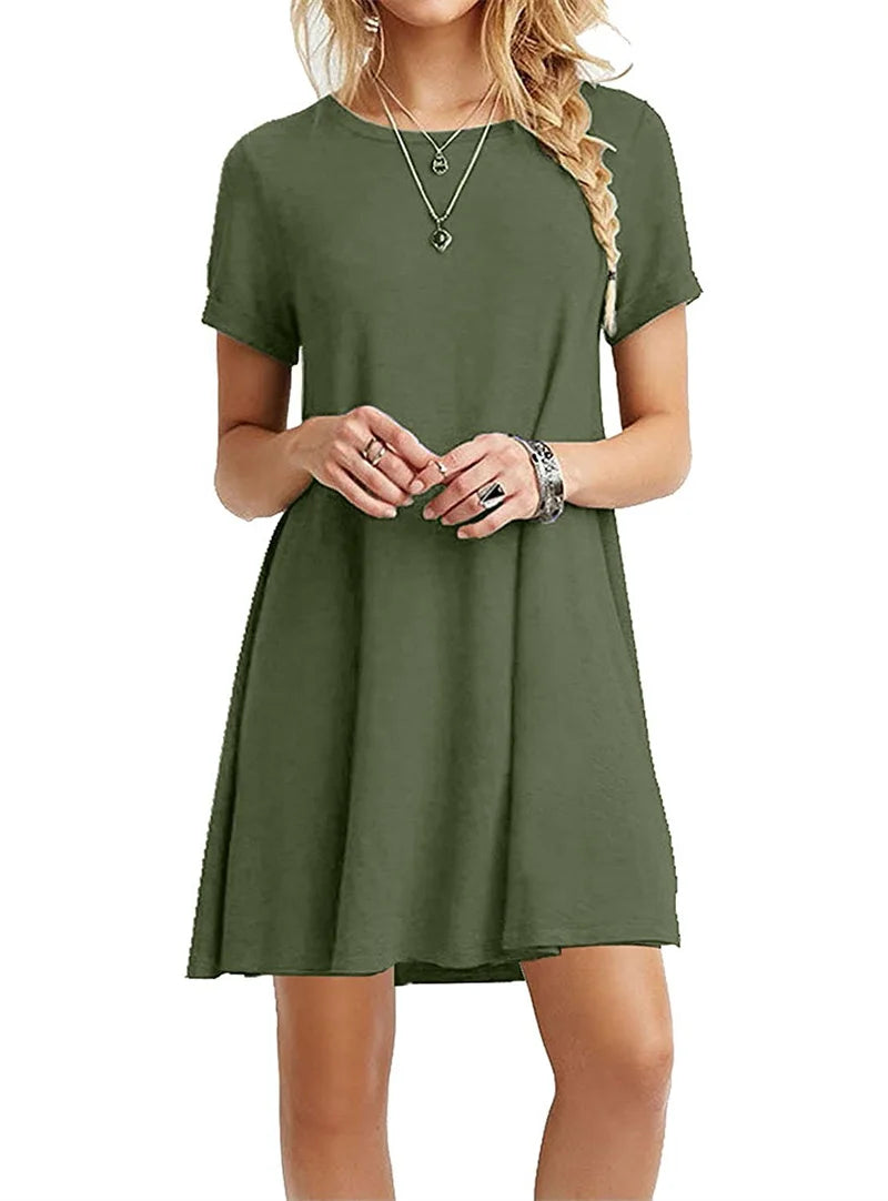 Women Mini Dress Summer Casual Boho Beach Dresses Solid Color O-Neck