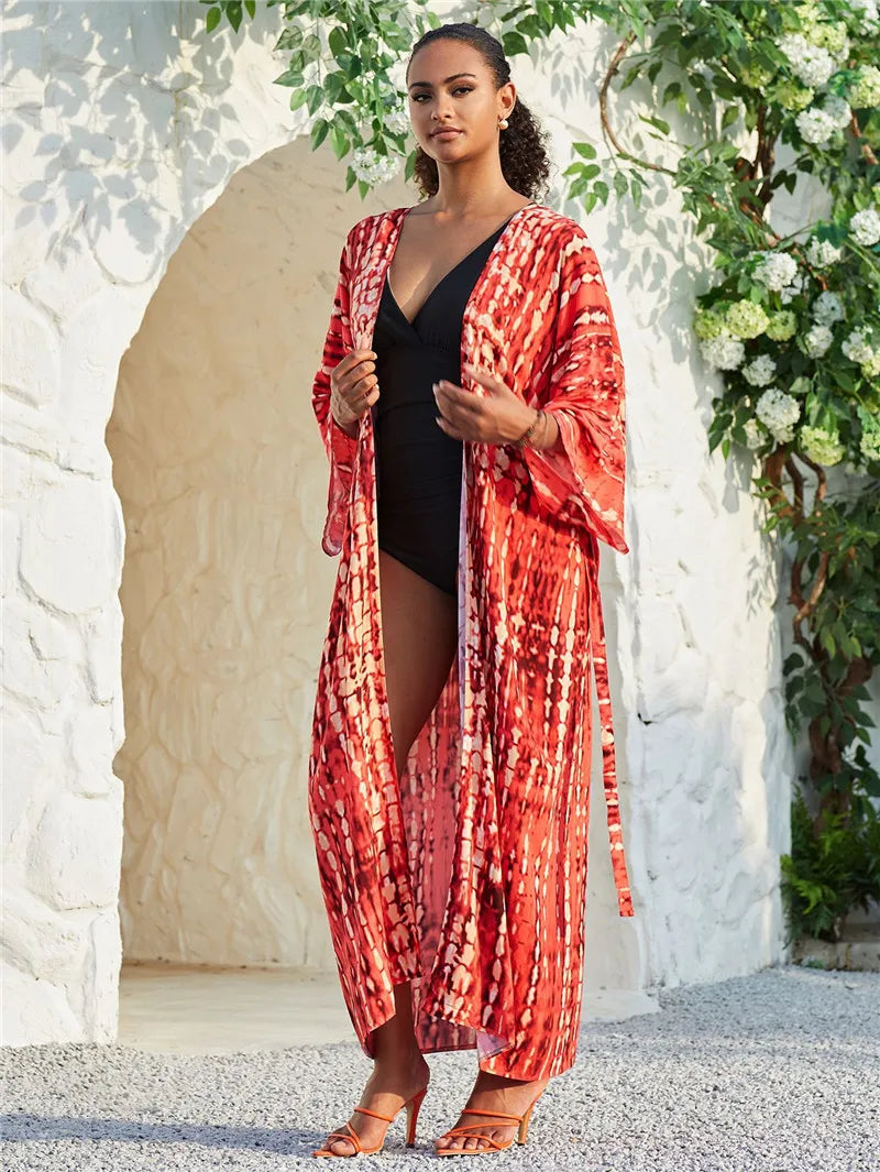 Long Kimono Swimsuit Cover up for Women Stylish Tie Dye Open Front