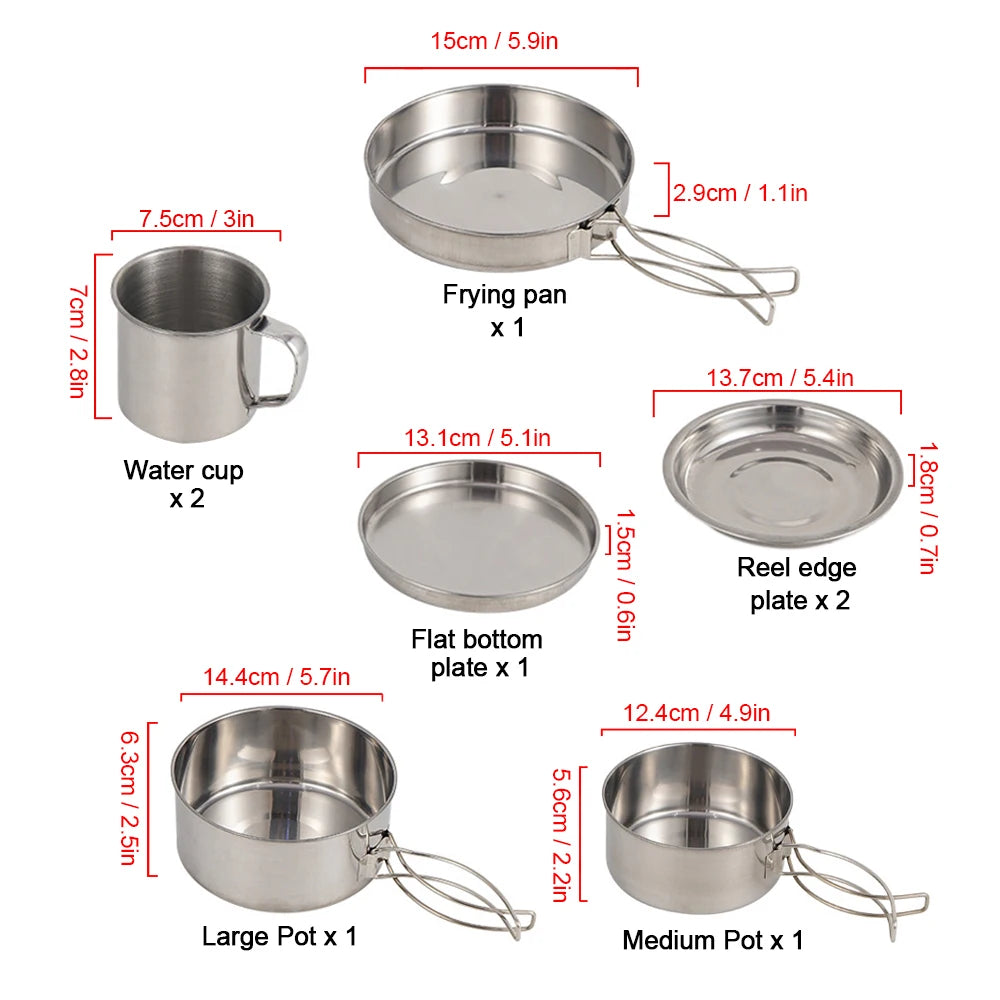 8pcs/Set Camping Cookware Mess Kit Stainless Steel Cooking Pot and Pan