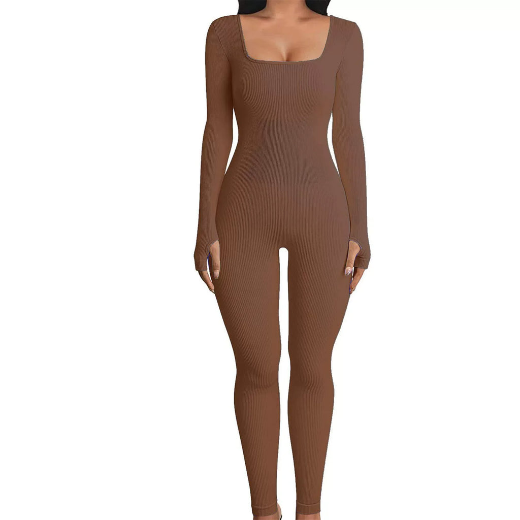Solid Color Ribbed Yoga Jumpsuit, Seamless Slim Fit Long Sleeve Sports