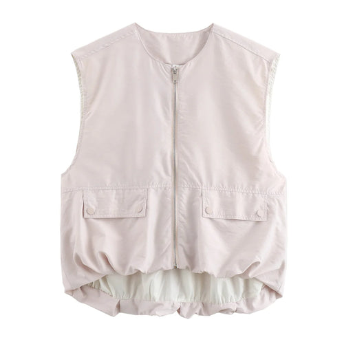 MUJER Ruched Sleeveless Vest Women Zip Loose Summer Vests for Women
