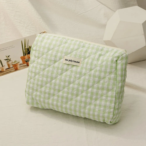 Solid Color Plaid Makeup Bag Travel Cosmetic Pouch Large Soft Cosmetic
