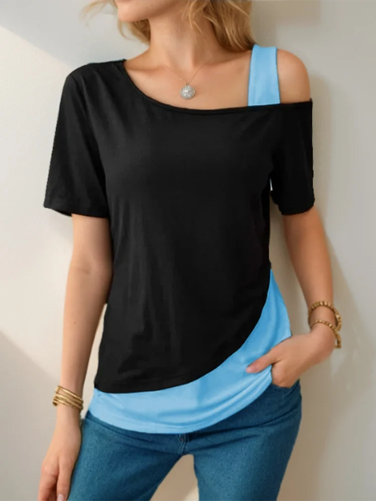 Chic Color Blocking Short Sleeved Women Solid Color Off Shoulder