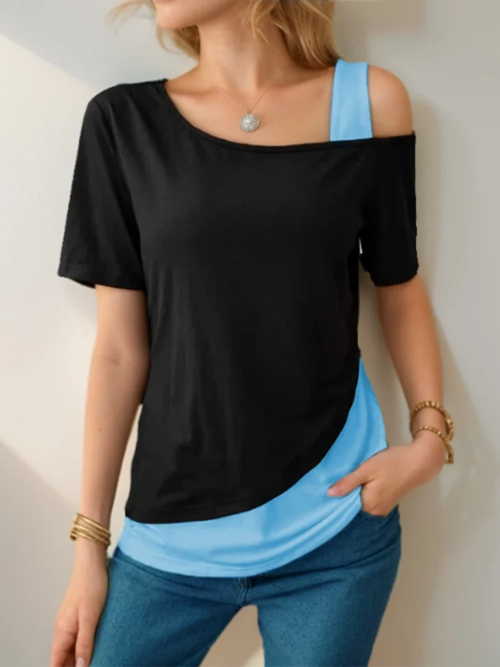 Chic Color Blocking Short Sleeved Women Solid Color Off Shoulder