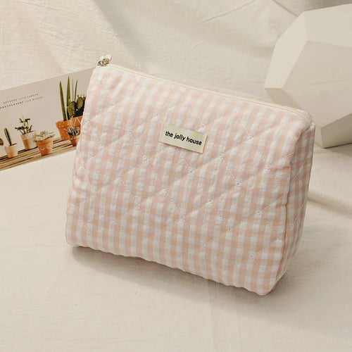 Solid Color Plaid Makeup Bag Travel Cosmetic Pouch Large Soft Cosmetic