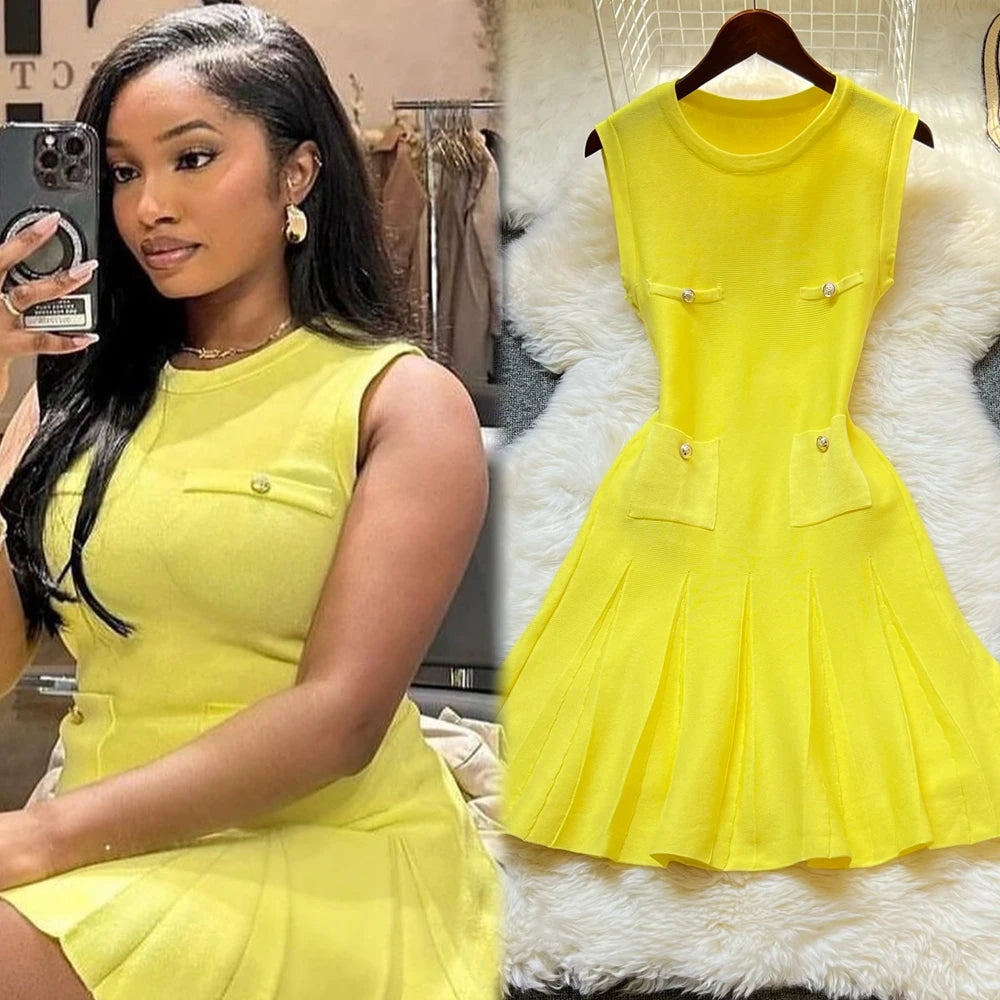YuooMuoo Chic Fashion 2025 Summer Pleated Short Dress Women O-neck